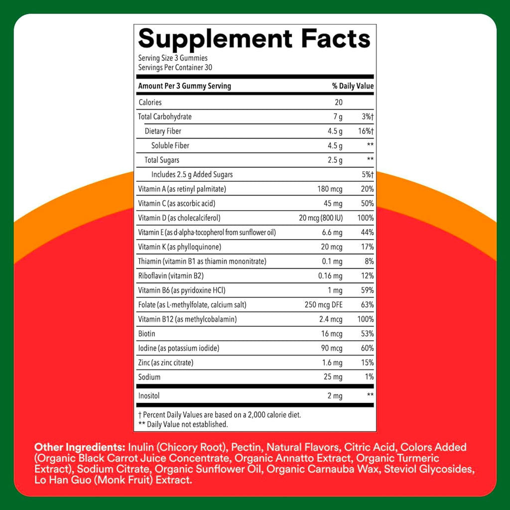 Kids Multivitamin & Fiber Gummies: Prebiotic Fiber to Support Kids Digestion with Vitamin D3, C, Vitamin B12, B6, A, Zinc, Biotin, Folate, Three Fruit Flavors, 90 Count (30 Day Supply)