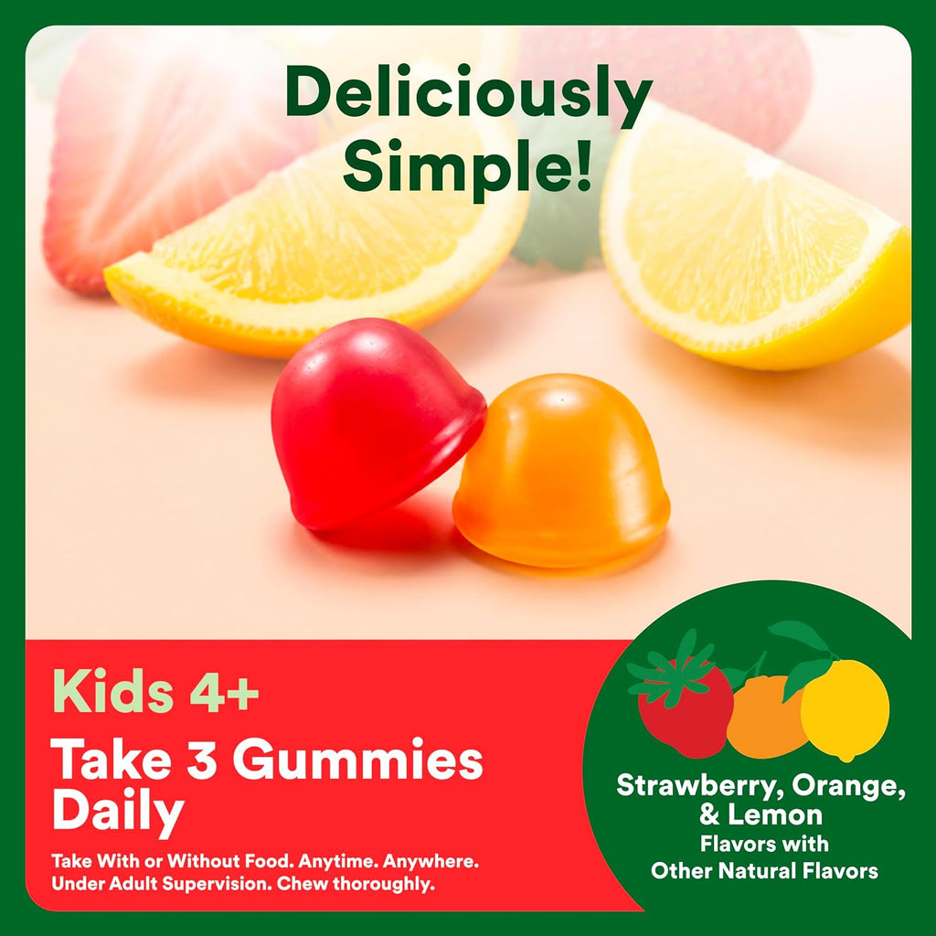 Kids Multivitamin & Fiber Gummies: Prebiotic Fiber to Support Kids Digestion with Vitamin D3, C, Vitamin B12, B6, A, Zinc, Biotin, Folate, Three Fruit Flavors, 90 Count (30 Day Supply)