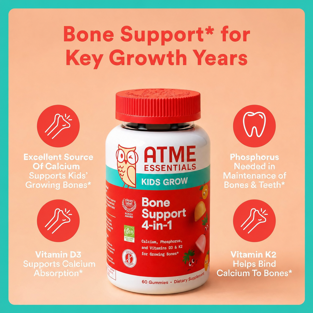 Kids Bone Support 4-in-1 Gummies with Calcium, Vitamin D3, K2 & Phosphorus for Growing Bones, Strawberry Mango, 60 Count (30 Day Supply)