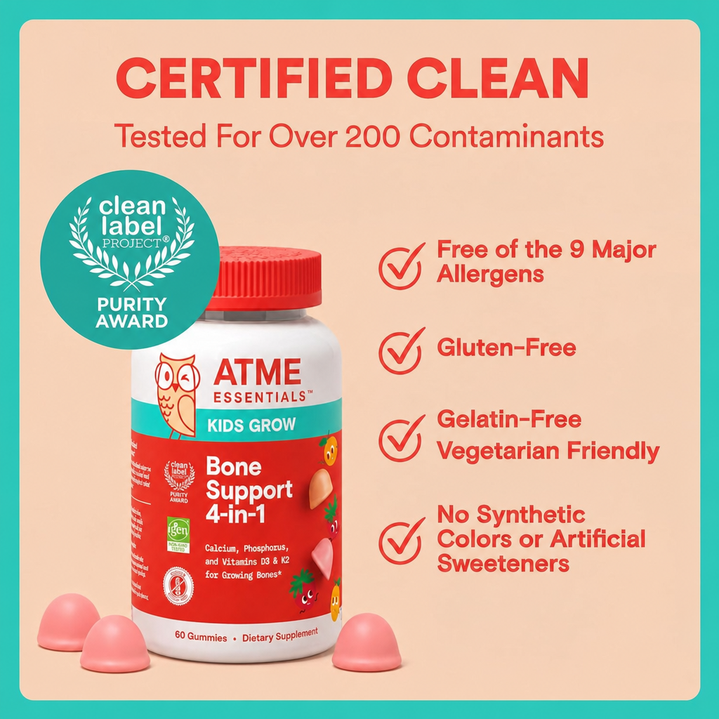 Kids Bone Support 4-in-1 Gummies with Calcium, Vitamin D3, K2 & Phosphorus for Growing Bones, Strawberry Mango, 60 Count (30 Day Supply)