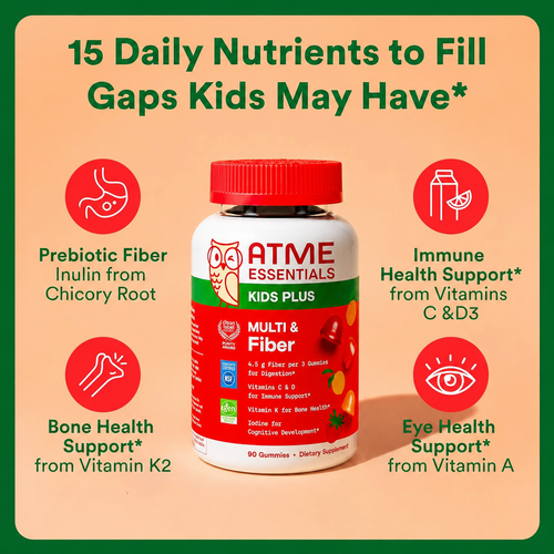 Kids Multivitamin & Fiber Gummies: Prebiotic Fiber to Support Kids Digestion with Vitamin D3, C, Vitamin B12, B6, A, Zinc, Biotin, Folate, Three Fruit Flavors, 90 Count (30 Day Supply)