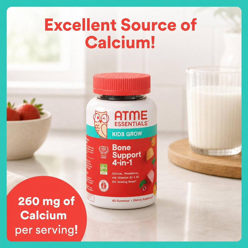 Kids Bone Support 4-in-1 Gummies with Calcium, Vitamin D3, K2 & Phosphorus for Growing Bones, Strawberry Mango, 60 Count (30 Day Supply)