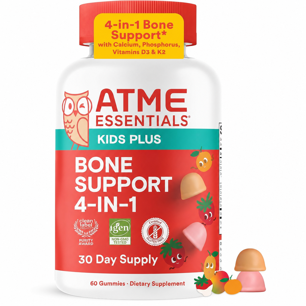 Kids Bone Support 4-in-1 Gummies with Calcium, Vitamin D3, K2 & Phosphorus for Growing Bones, Strawberry Mango, 60 Count (30 Day Supply)