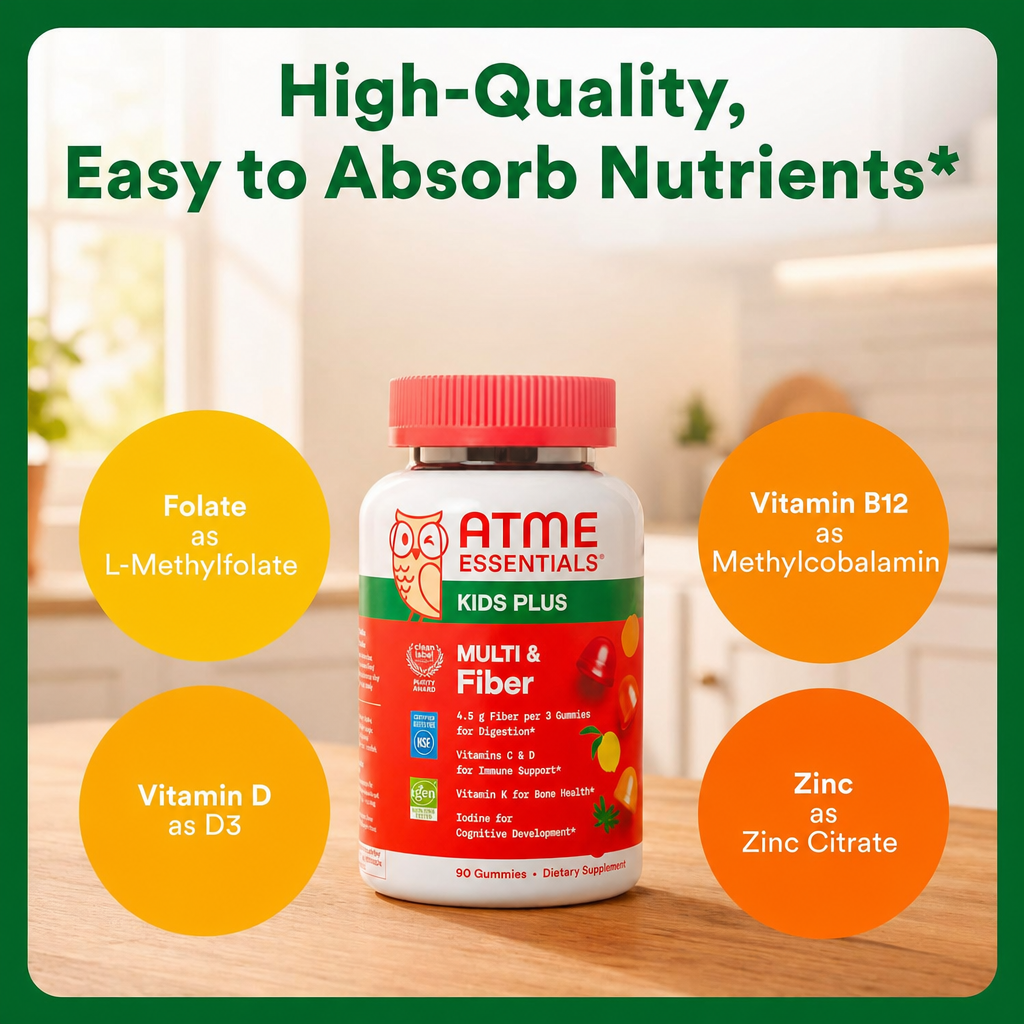 Kids Multivitamin & Fiber Gummies: Prebiotic Fiber to Support Kids Digestion with Vitamin D3, C, Vitamin B12, B6, A, Zinc, Biotin, Folate, Three Fruit Flavors, 90 Count (30 Day Supply)