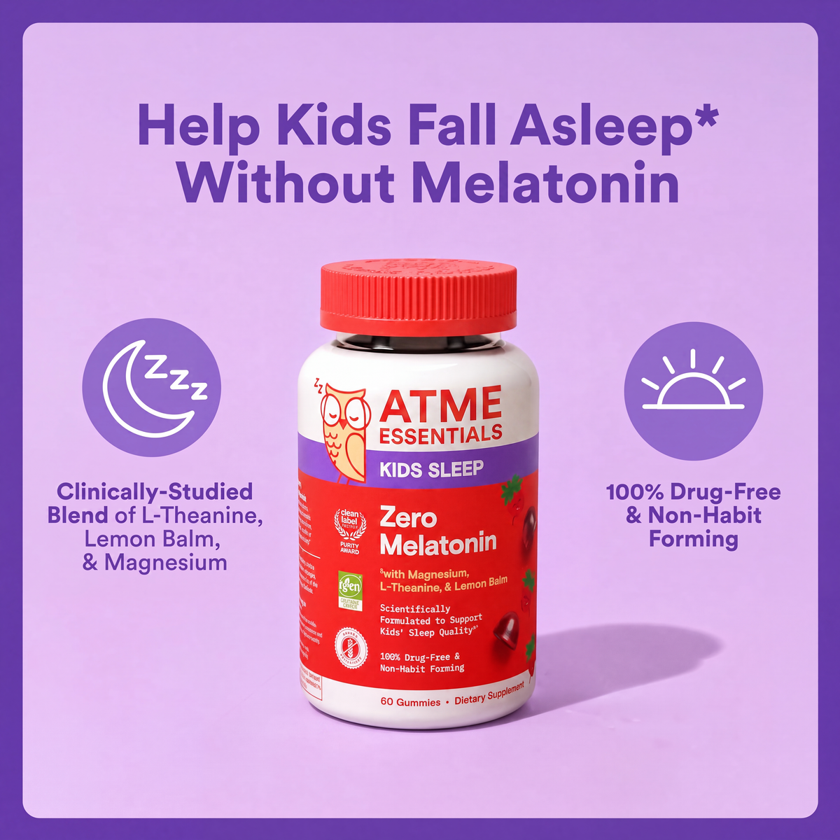 Kids Sleep Zero Melatonin Gummies with L-Theanine, Lemon Balm & Magnesium, Strawberry Flavor, 60 Gummies (30 Day Supply)