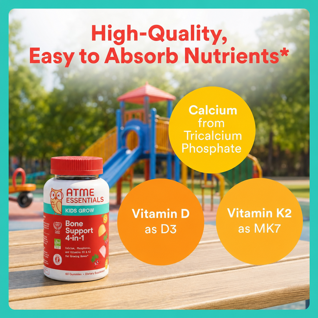 Kids Bone Support 4-in-1 Gummies with Calcium, Vitamin D3, K2 & Phosphorus for Growing Bones, Strawberry Mango, 60 Count (30 Day Supply)