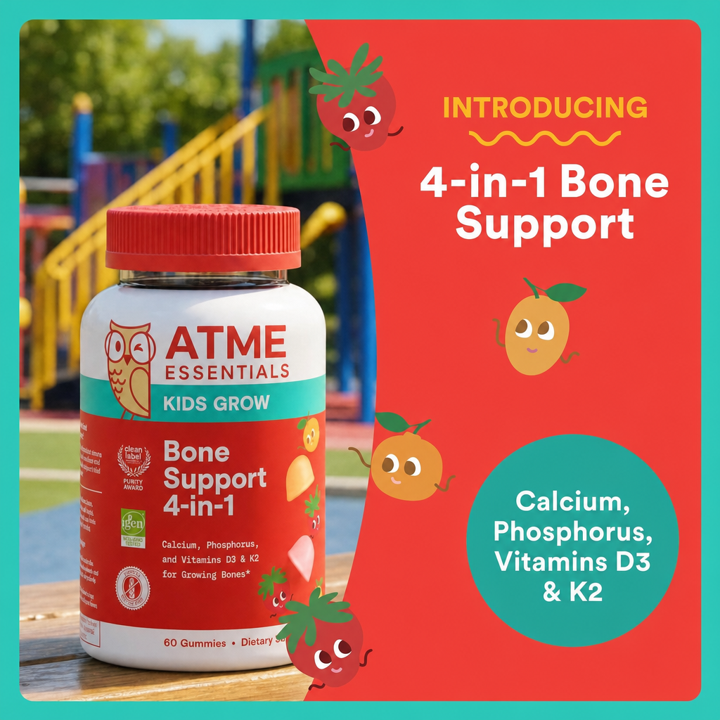 Kids Bone Support 4-in-1 Gummies with Calcium, Vitamin D3, K2 & Phosphorus for Growing Bones, Strawberry Mango, 60 Count (30 Day Supply)