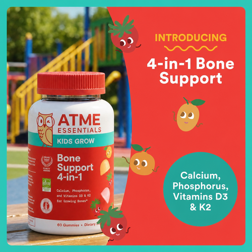 Kids Bone Support 4-in-1 Gummies with Calcium, Vitamin D3, K2 & Phosphorus for Growing Bones, Strawberry Mango, 60 Count (30 Day Supply)